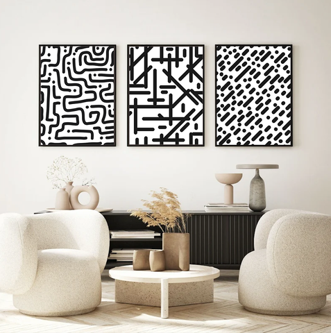 Set of 3 Canvases Lines Dots Geometric Dynamic Abstract Line Art Wall Canvas Art