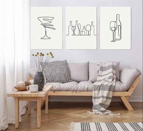 Set of 3 Canvases Cocktail Glasses Wine Bottle Line Art Wall Art