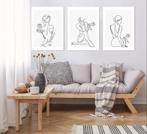 Set of 3 Woman and Flower Minimalist Modern Canvas Wall Art